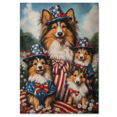 Sheltie Dog Family in American Flag Outfits and Hats with Flowers and Stripes for Fourth of July Celebration on Ready to Hang 1.5" Thick Canvas Wrap, Floating Framed Canvas, Flat Rolled Canvas